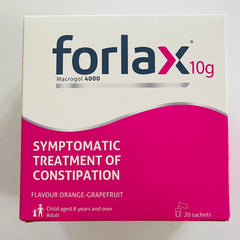 Forlax 10g sachets in a pack ready to dissolve in water for constipation relief.