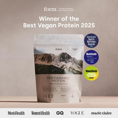 Form Performance Protein chocolate hazelnut powder being dispensed from a container for easy serving