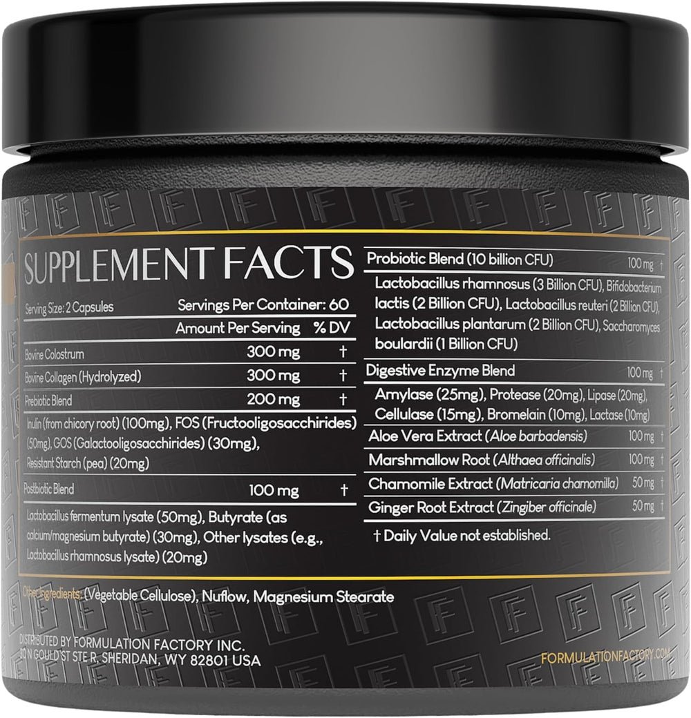 Formulation Factory Gut Intellect label close-up highlighting ingredients for balanced digestion