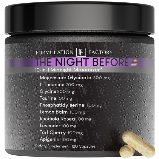 Formulation Factory The Night Before bottle pour promotes a calm evening routine.