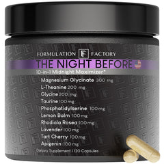 Formulation Factory The Night Before bottle pour promotes a calm evening routine.