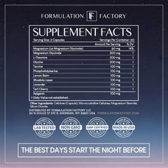 Formulation Factory The Night Before ingredients label showcases premium components.