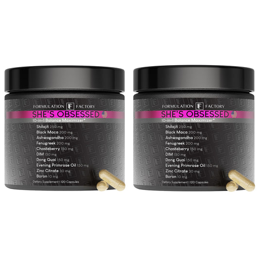 Formulation Factory She's Obsessed bottle front highlights the 10-in-1 balance formula for daily vitality