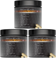 Formulation Factory Shroom Vroom bottle front highlighting 10-in-1 mushroom blend for focus