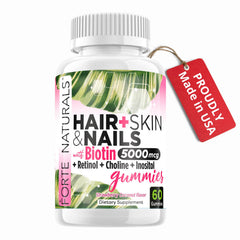FORTE NATURALS gummies bottle highlighting biotin for healthy hair and nails