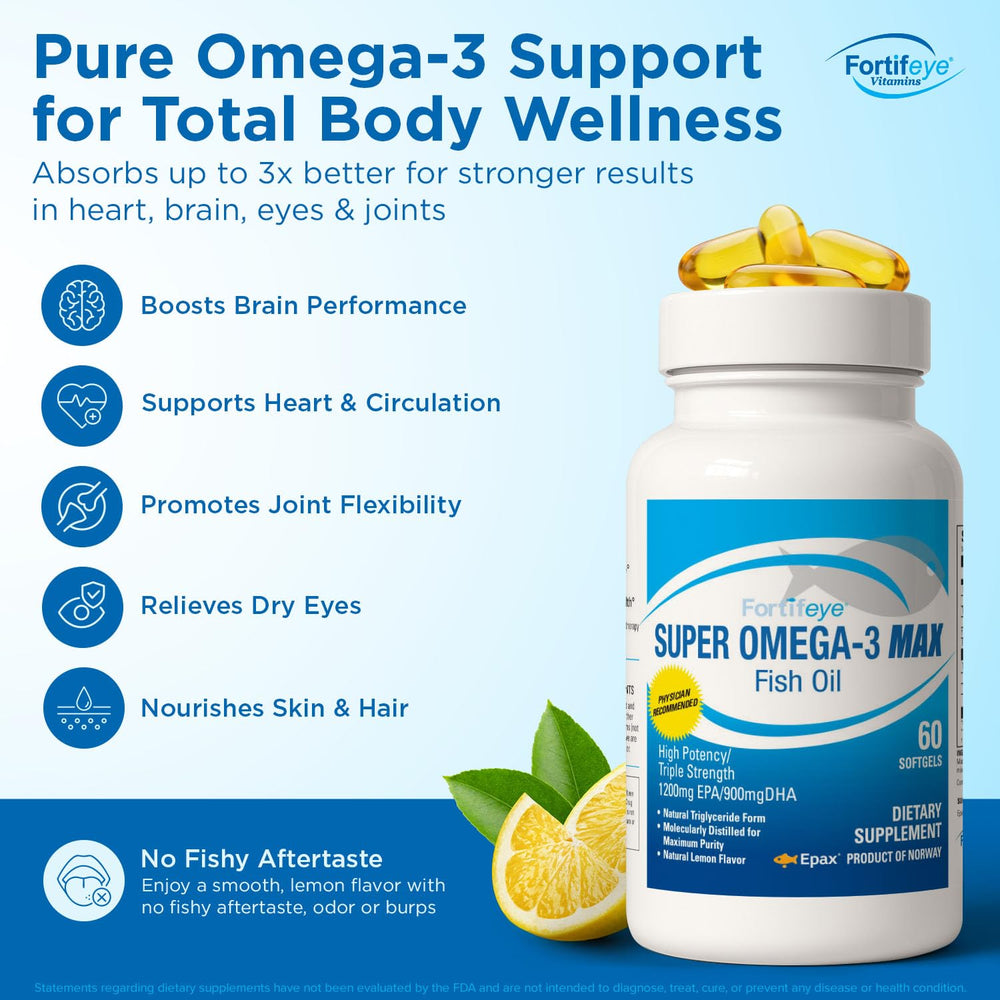 Fortifeye Super Omega-3 Max capsules close-up, triglyceride form for absorption.