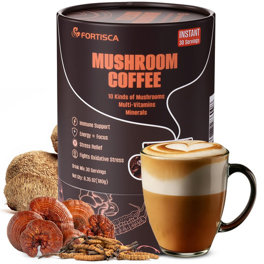 Fortisca 10-in-1 Mushroom Coffee tub front view for daily energy