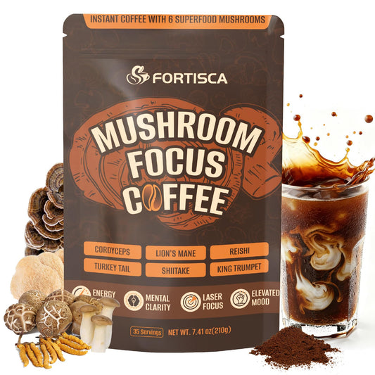 FORTISCA Mushroom Coffee jar label highlights premium blend for daily energy