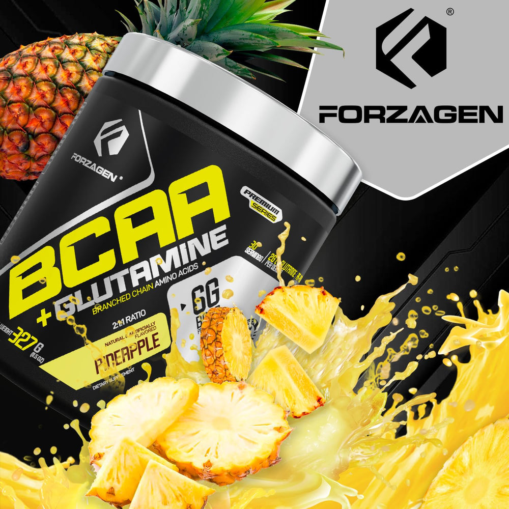 Forzagen BCAAs powder texture closeup, dissolves easily for quick drink.