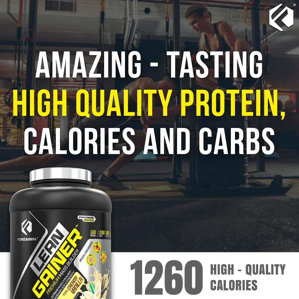 Forzagen Lean Gainer protein blend close-up, premium ingredients for balanced nutrition