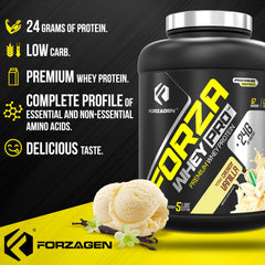 Forzagen Whey PRO flavors display — Vanilla to Cookies & Cream variety.