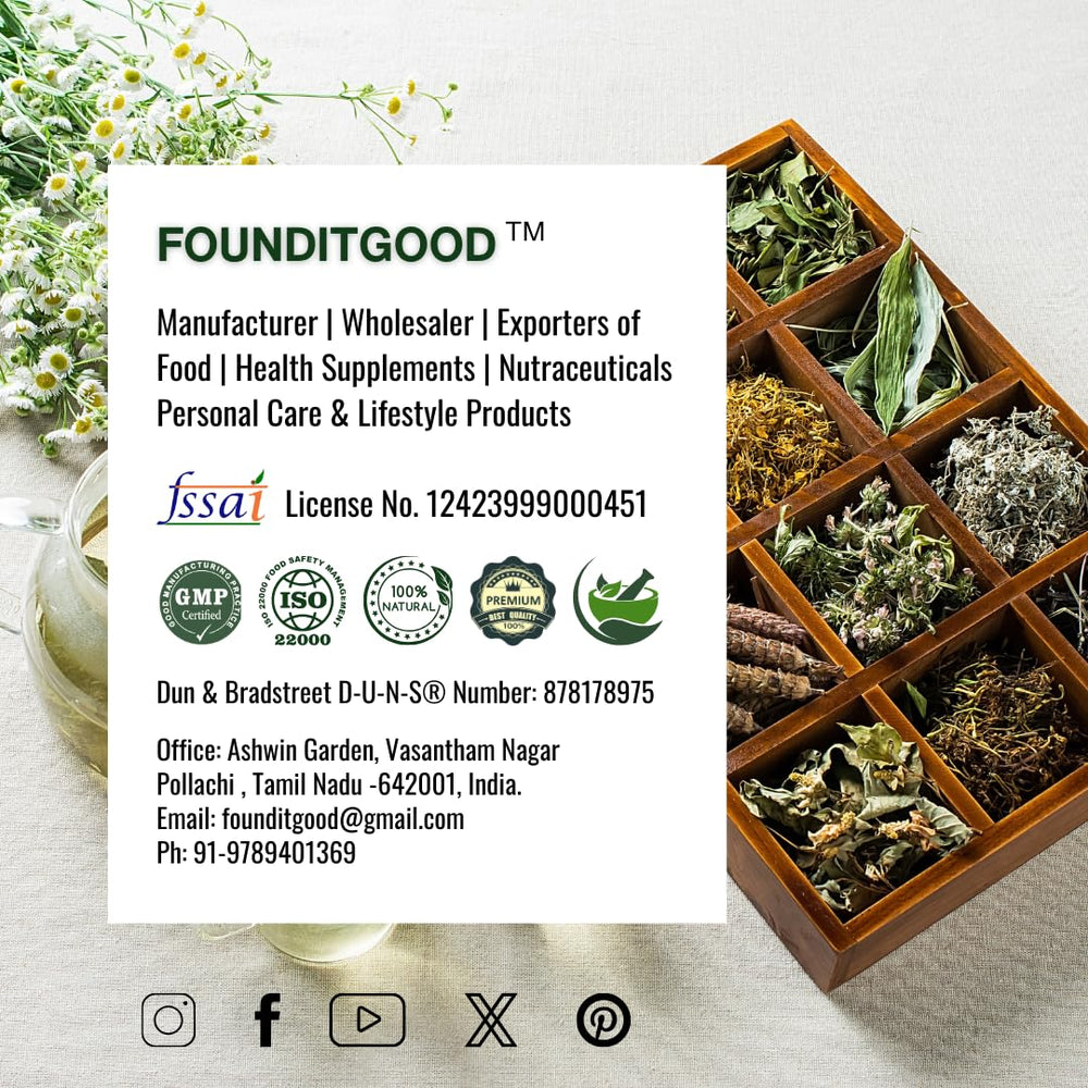 FounditGood tea packaging highlights freshness and GMP/FSSAI standards.