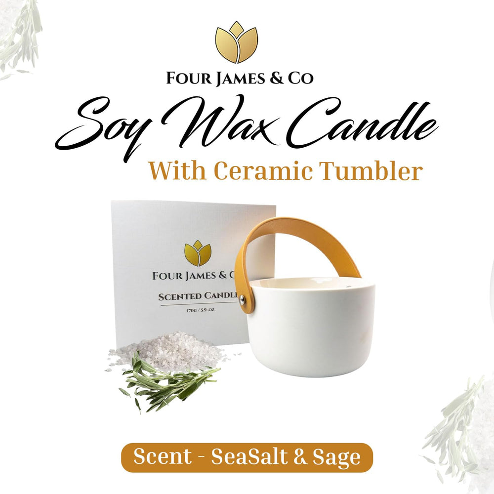 Four James & Co Sea Salt Sage candle lit reveals warm aroma for ambiance.