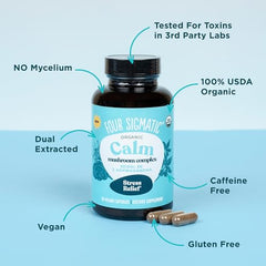 Four Sigmatic Calm Capsules with tulsi extract showcasing calming mood benefits.
