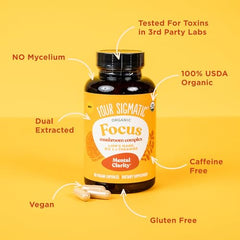 Four Sigmatic Focus ingredient panel highlights adaptogens and B vitamins