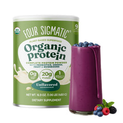 Four Sigmatic organic plant based protein powder unflavored bottle for smoothies