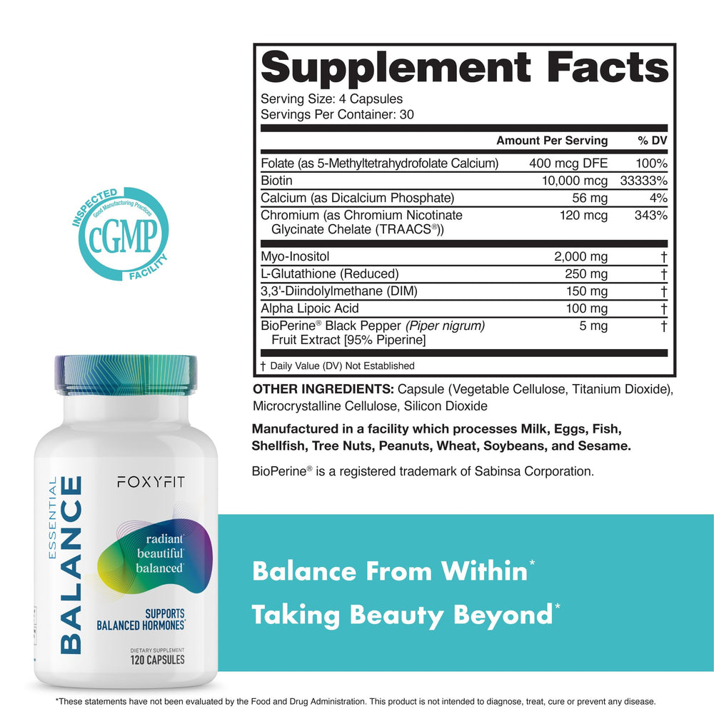 FoxyFit Essential Balance beside skincare items for a healthy glow