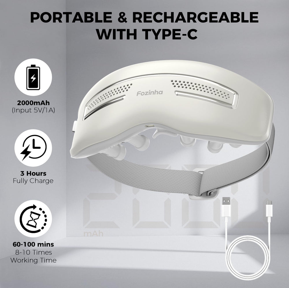 Fozinha eye massager fast-charging battery ensures quick setup and portability.