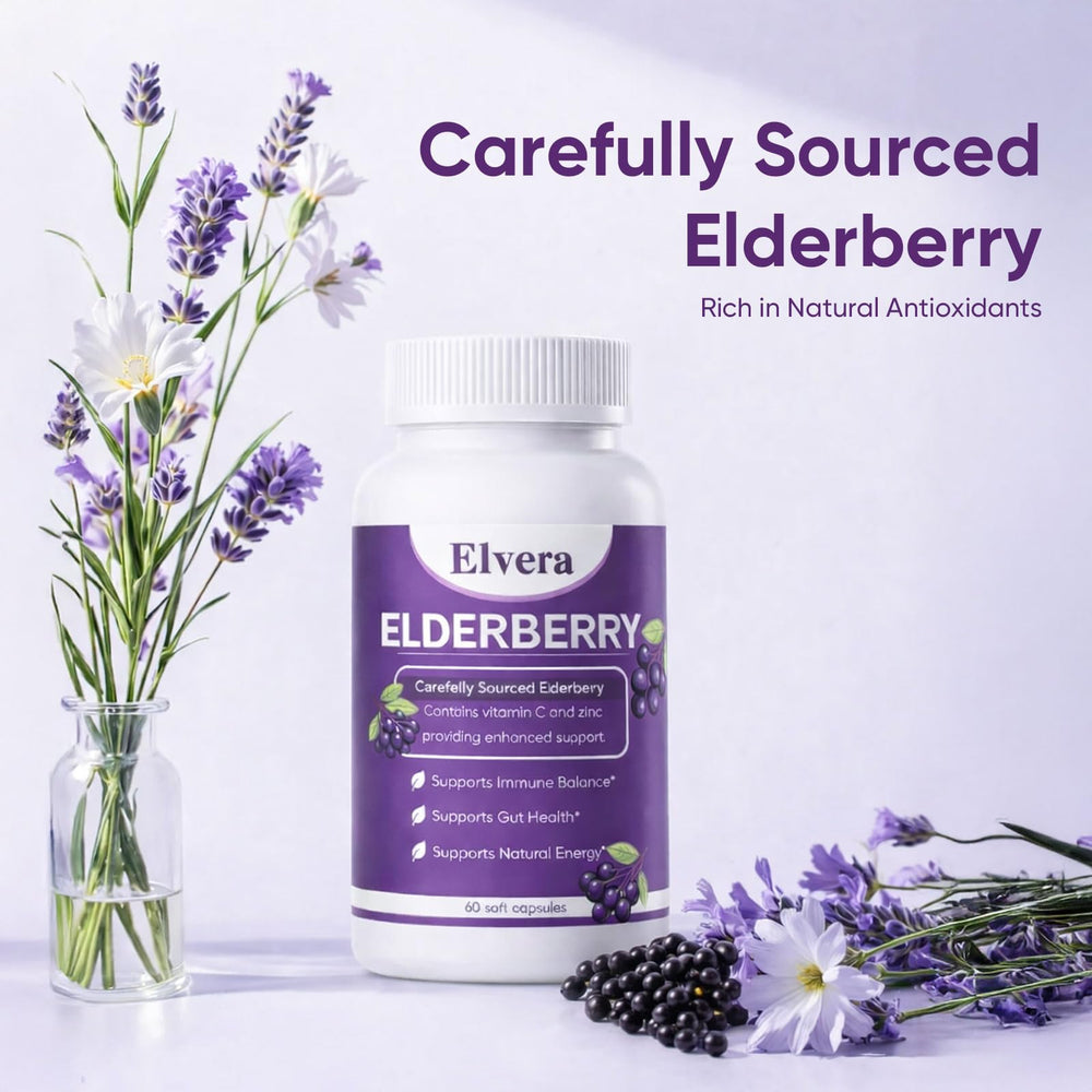 Close-up of Elvera capsules highlighting easy-swallow vegan softgels.