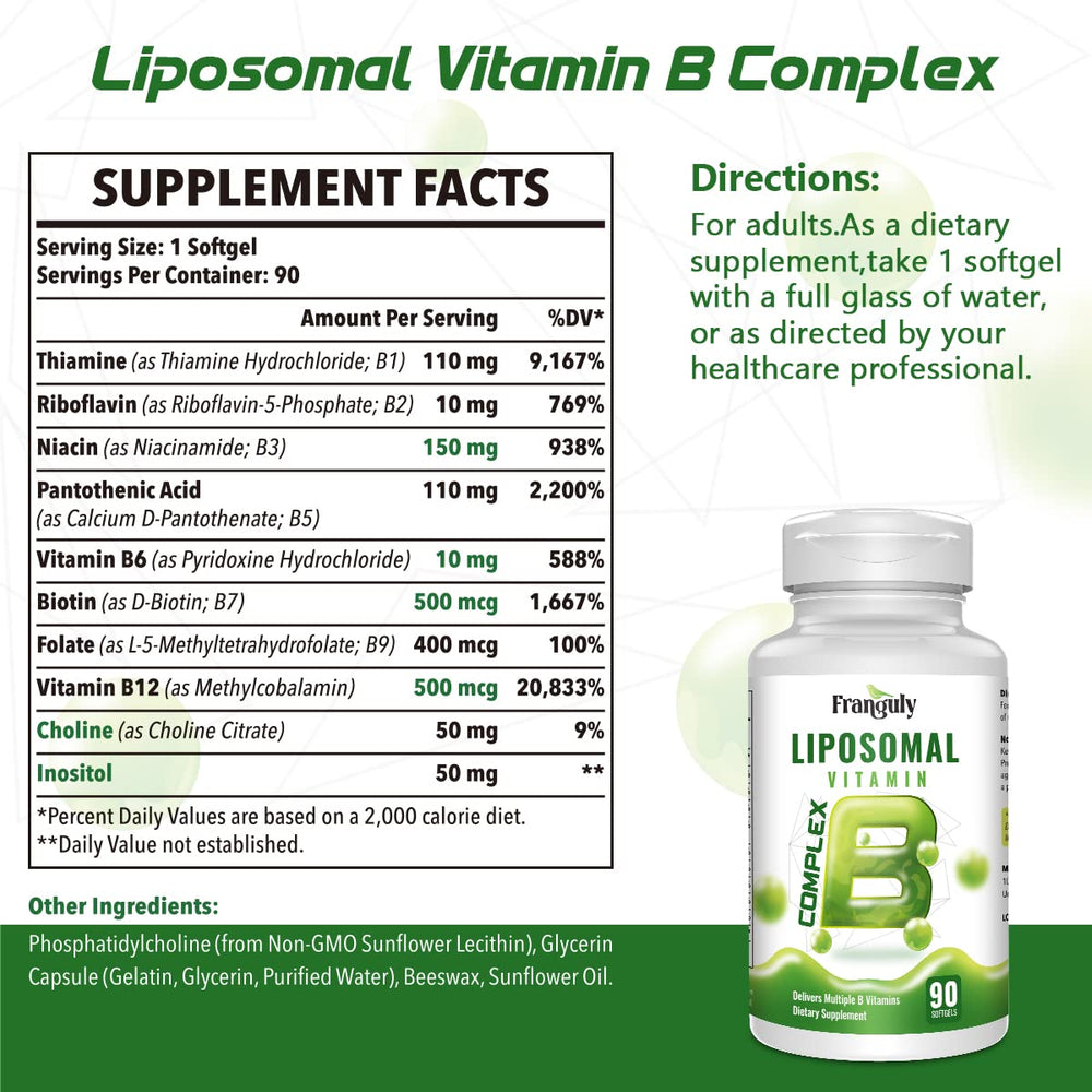 Franguly Liposomal B Complex bottle pour shows easy daily dosing.