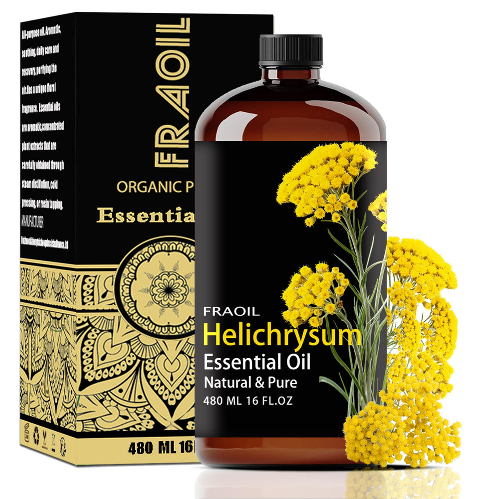FRAOIL Helichrysum oil 16oz bottle in amber glass preserving aroma and potency