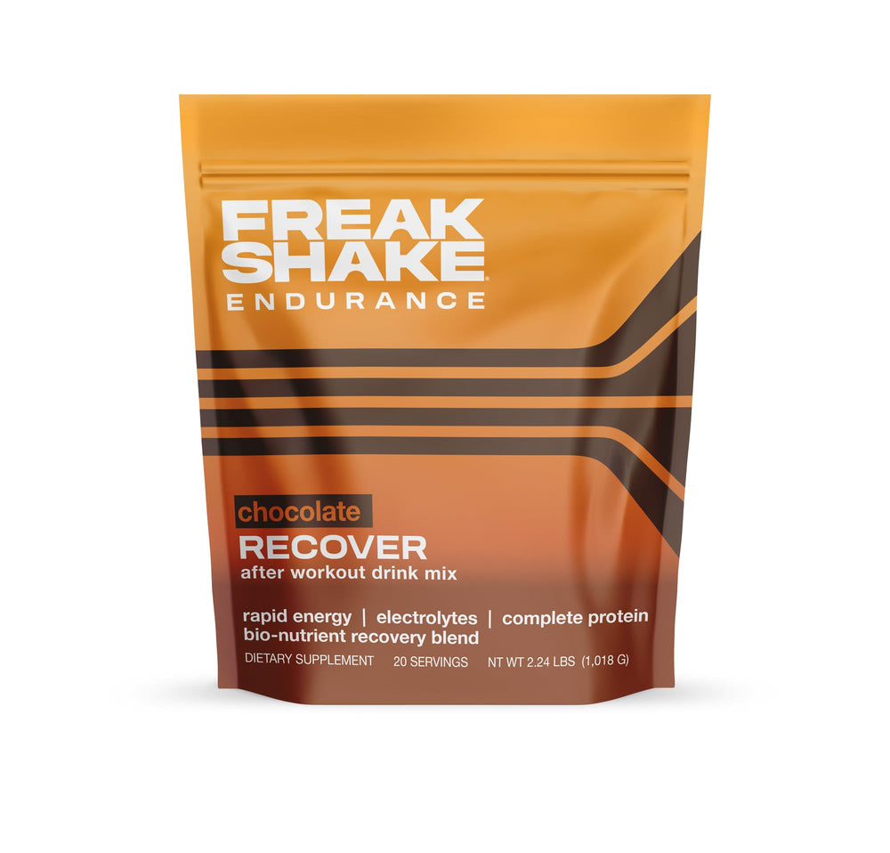 Freak Shake Recover chocolate athlete drink emphasizes endurance support during long sessions.