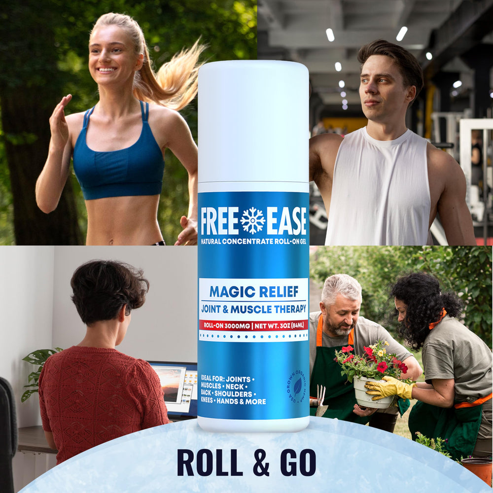 Free-Ease Magic Relief Roller label indicating USA-made quality and natural ingredients.