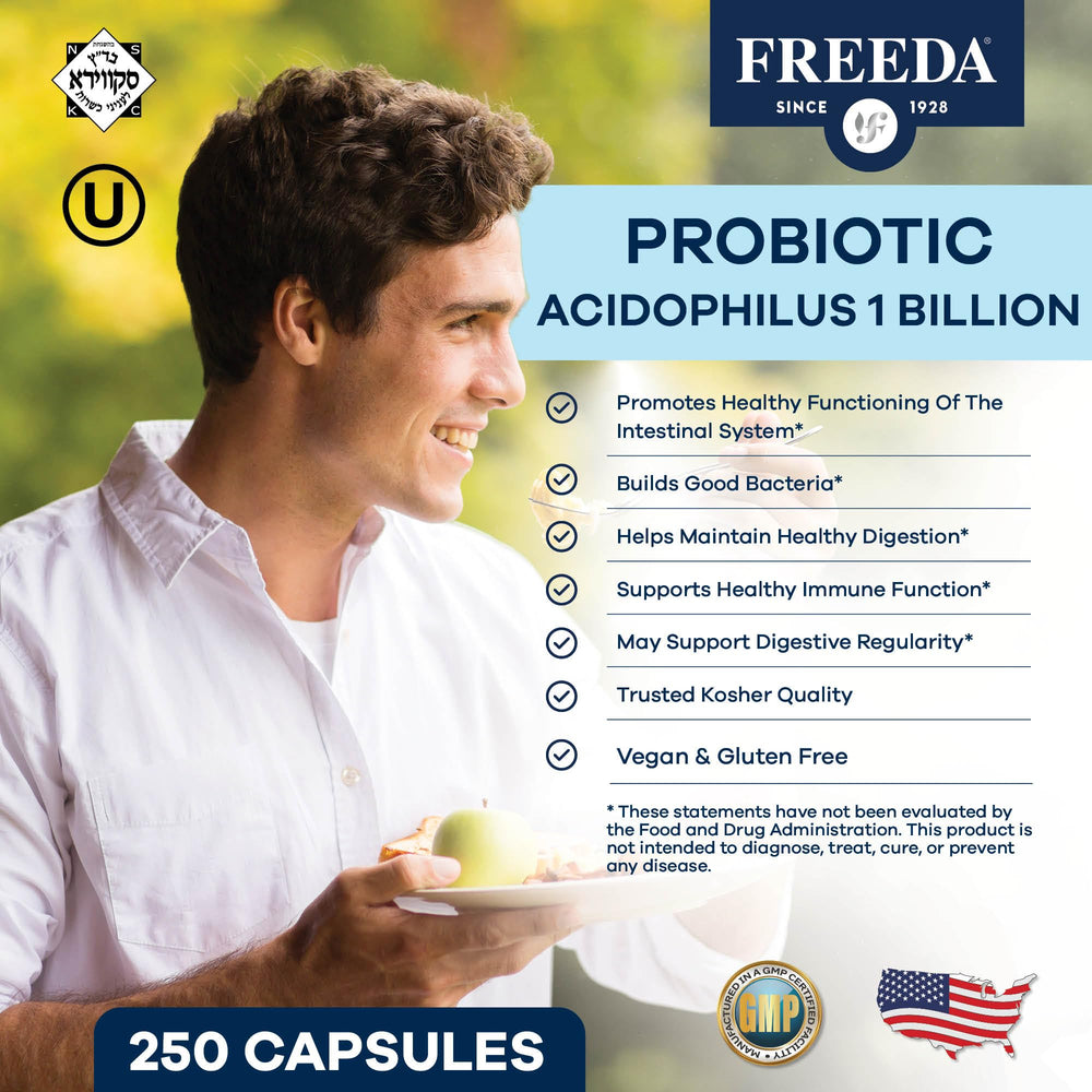 FREEDA probiotic bottle on counter illustrating easy, everyday gut care