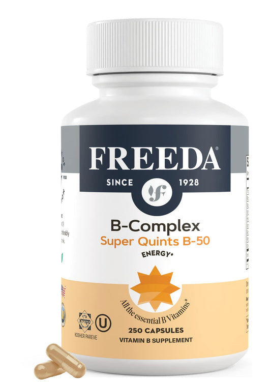 FREEDA B-Complex capsules bottle with pour promotes easy daily use for energy metabolism.