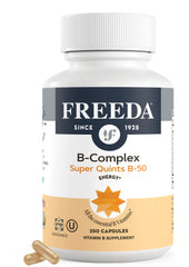 FREEDA B-Complex capsules bottle with pour promotes easy daily use for energy metabolism.