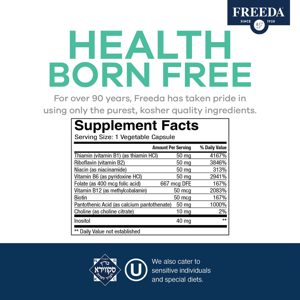 FREEDA B-Complex capsules with a glass of water suggests convenient daily routine.