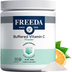 Freeda Buffered Vitamin C Powder bottle shows gentle daily immune support.