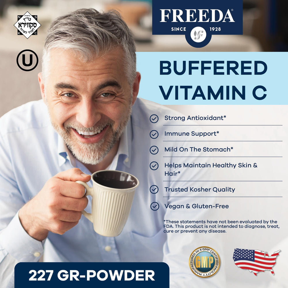 Freeda calcium ascorbate powder close-up highlights non-acidic formula.