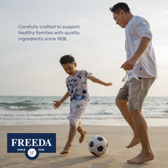 Freeda calcium bottle displayed with packaging for convenient daily supplementation.