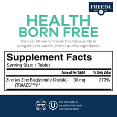 FREEDA tiny tablets on label, emphasizing absorbable zinc bisglycinate