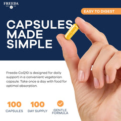 Freeda CoQ10 bottle displays kosher certification label.