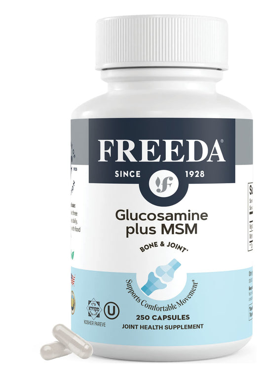 FREEDA Glucosamine MSM bottle front highlighting vegan joint support for active movement.
