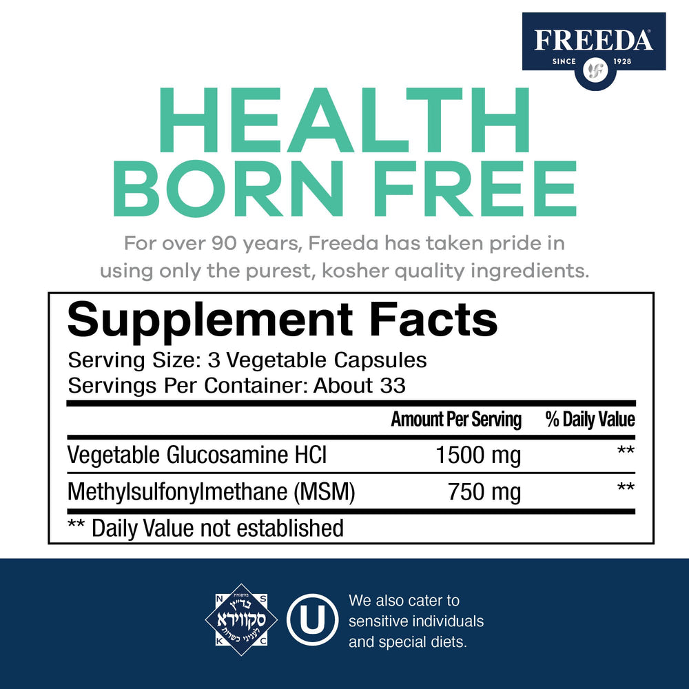 FREEDA Glucosamine MSM bottle with label clearly showing ingredients and vegan claim.