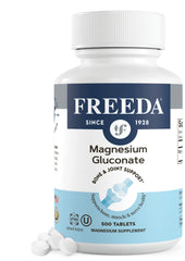 Freeda Magnesium Gluconate bottle front view highlighting vegan, easy-to-digest formula