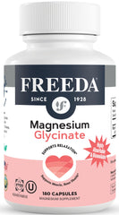 Freeda Magnesium Glycinate bottle pour demonstrating easy evening use for relaxation.