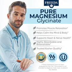 Freeda Magnesium Glycinate capsules closeup highlighting digestion-friendly formula.