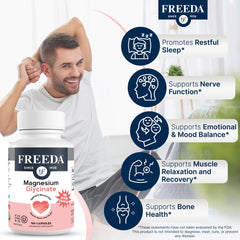 Freeda Magnesium Glycinate label view shows clean, oxide-free formulation.