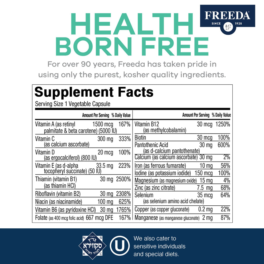 Kosher certification label on FREEDA multivitamin bottle