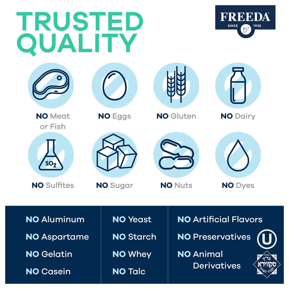 Freeda Quintabs-M with Iron packaging emphasizing kosher-certified multivitamins.