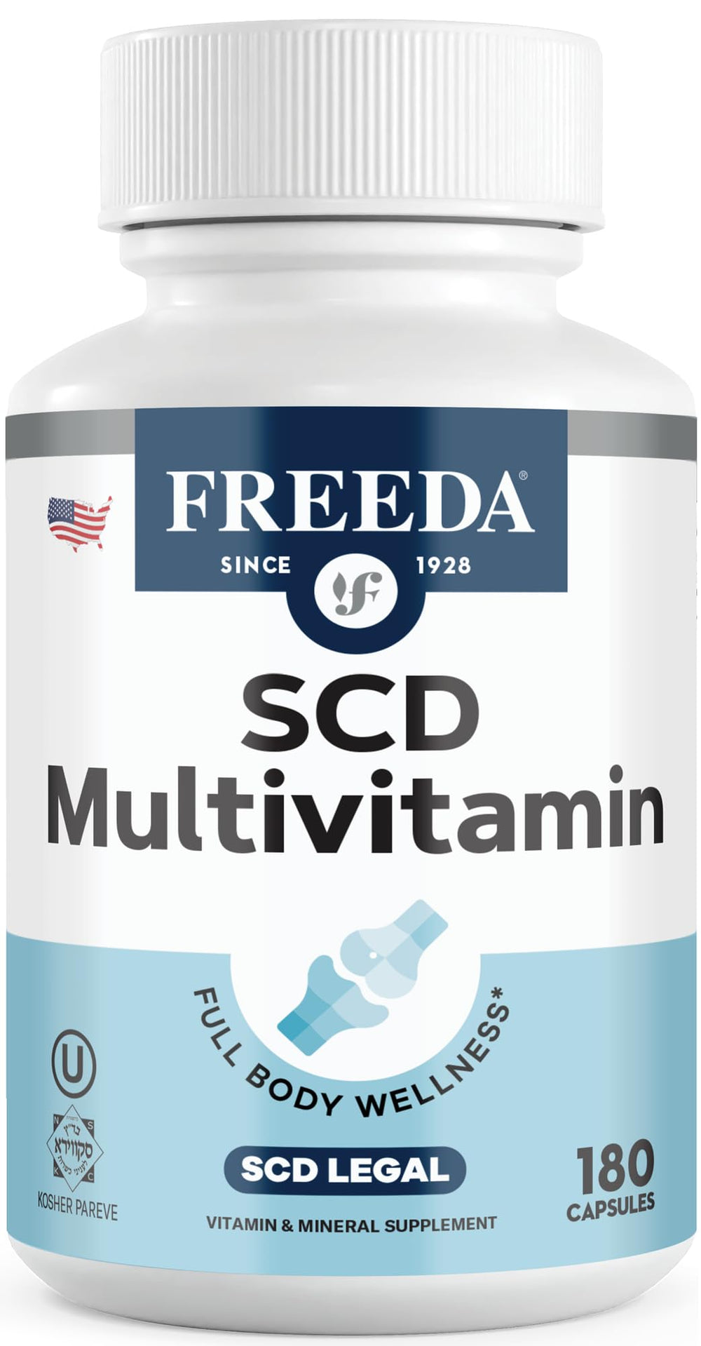 Freeda SCD Multivitamin bottle pour shows capsules for daily vegan wellness