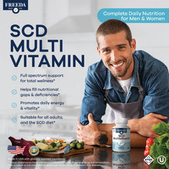 Freeda SCD Multivitamin capsules close-up highlights vegan and gluten-free formula
