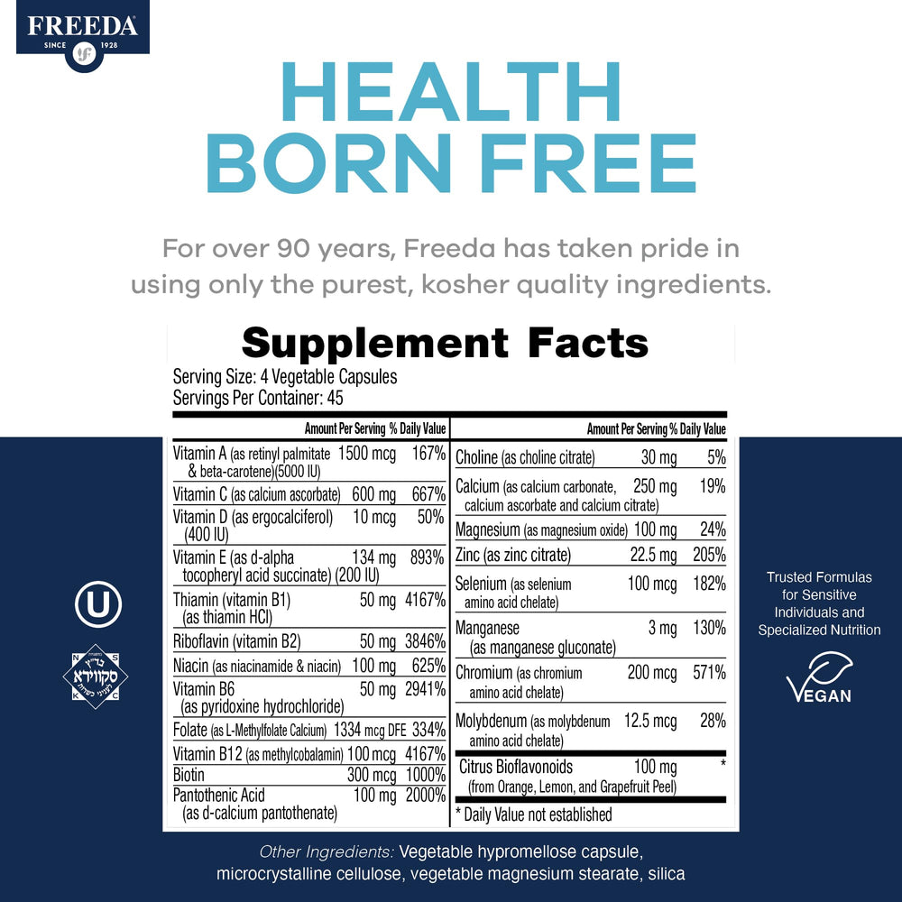 Freeda SCD Multivitamin ingredients list emphasizes calcium, magnesium, and B vitamins