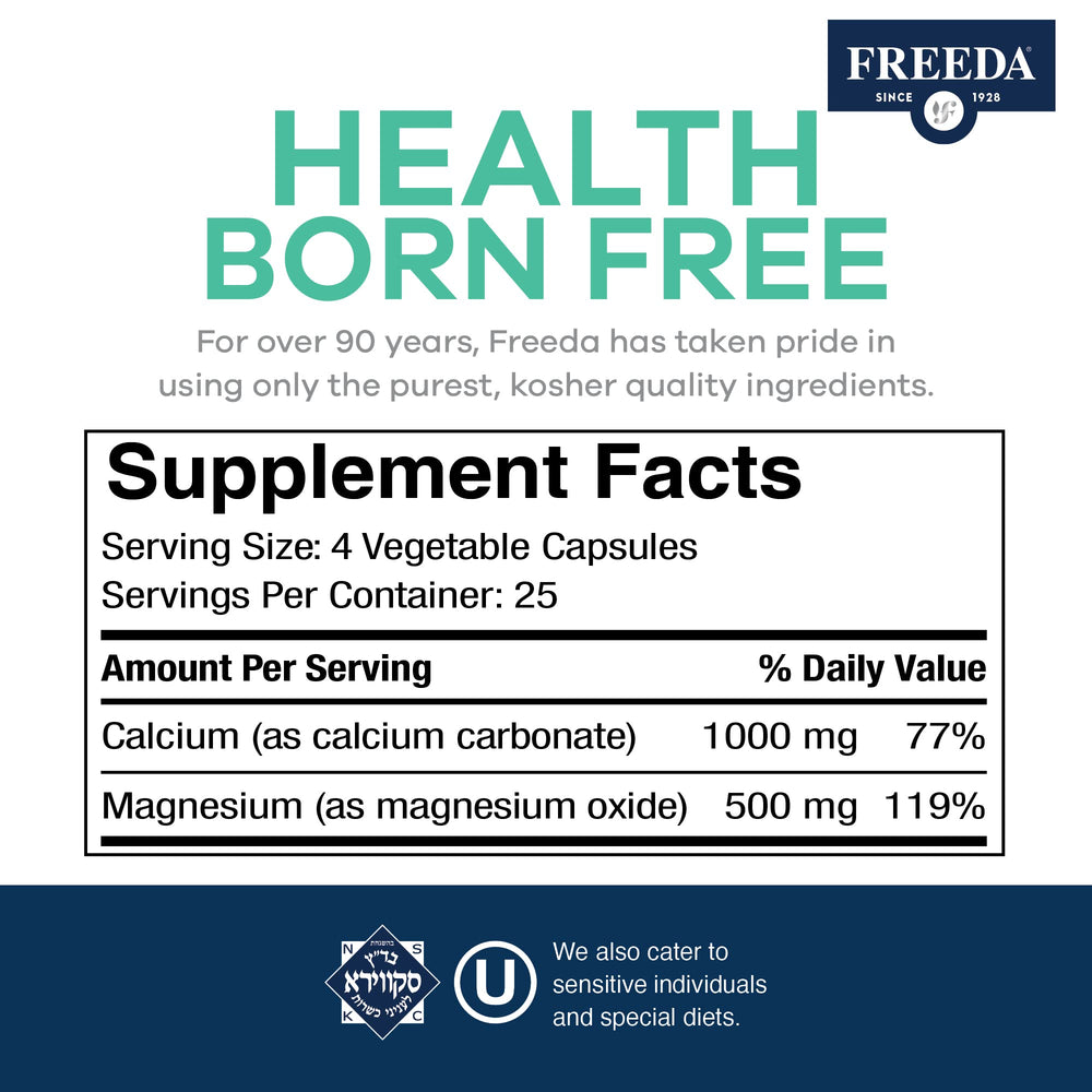 Freeda Super Cal/Mag label details showing vegan and kosher certifications.