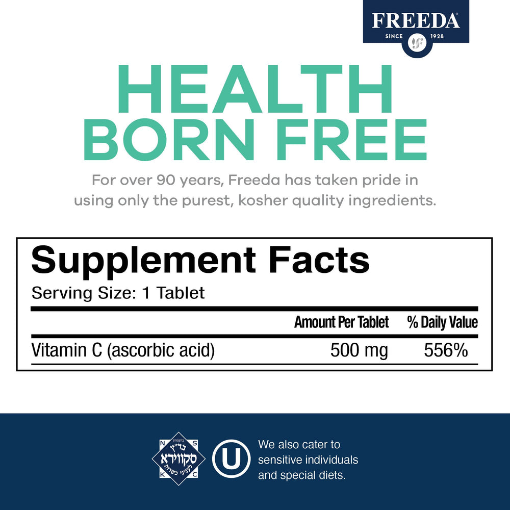 Freeda Vegan Vitamin C 500mg tablets close-up of easy-to-swallow ascorbic acid
