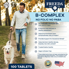 Freeda Vitamin B Complex bottle with label showing key vitamins for routine use.